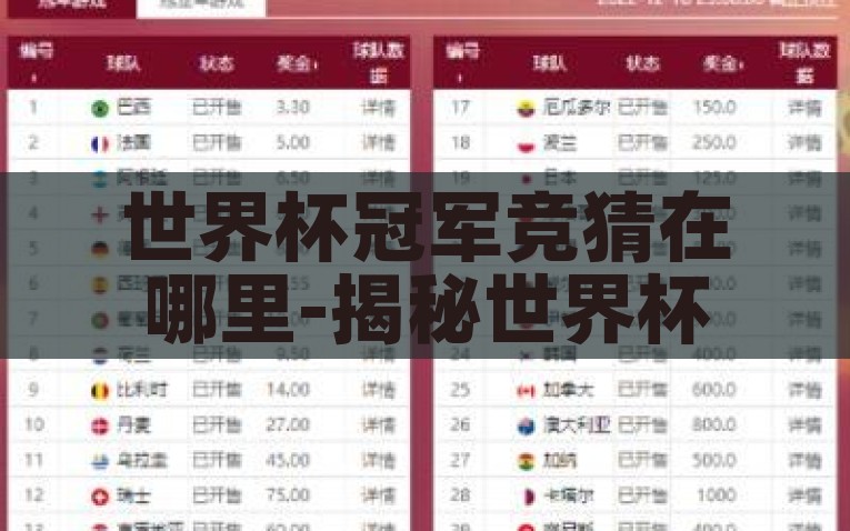 世界杯冠军竞猜在哪里-揭秘世界杯冠军竞猜的精彩所在，探索世界杯冠军竞猜的魅力，揭秘胜者的精彩瞬间